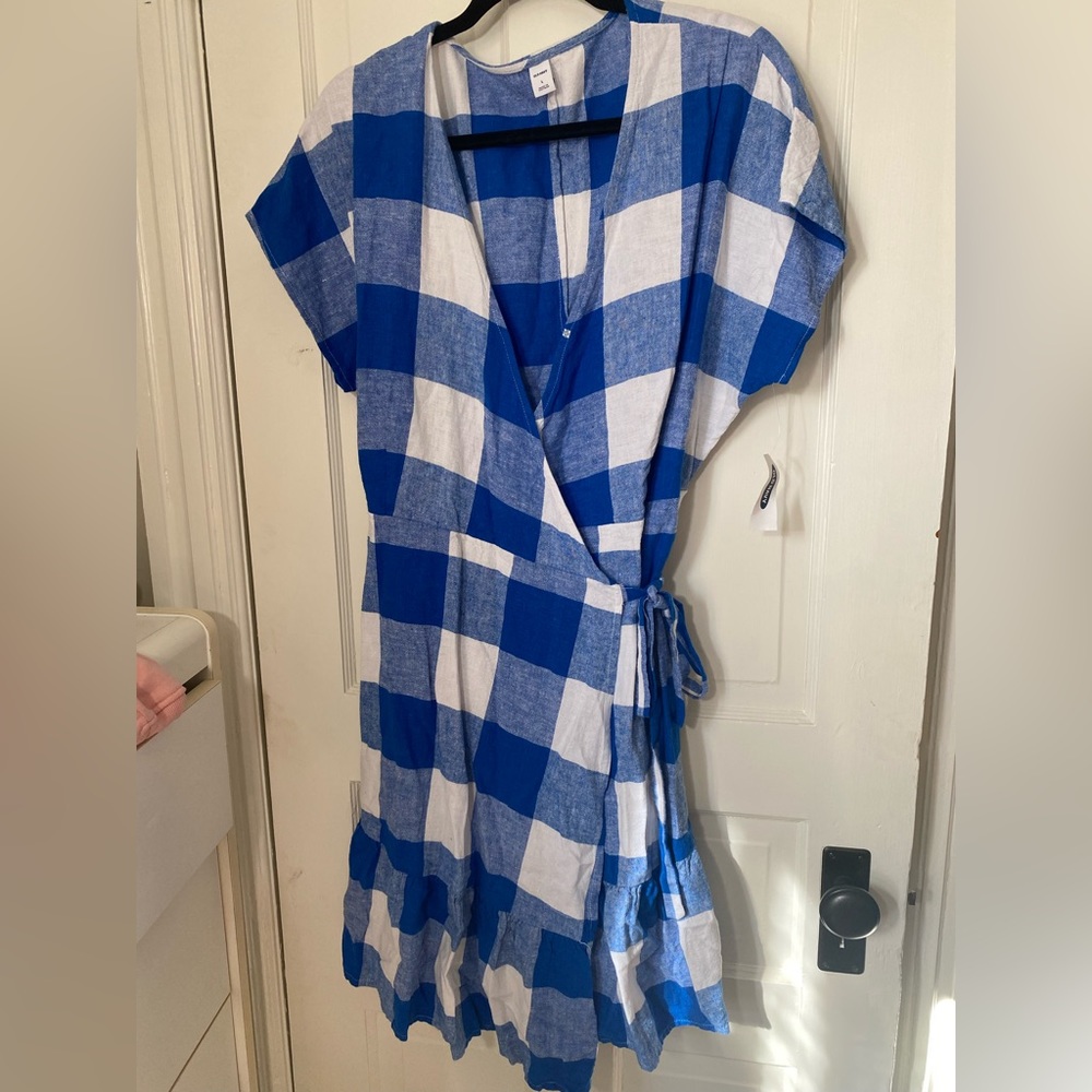 Blue and white wrap dress.